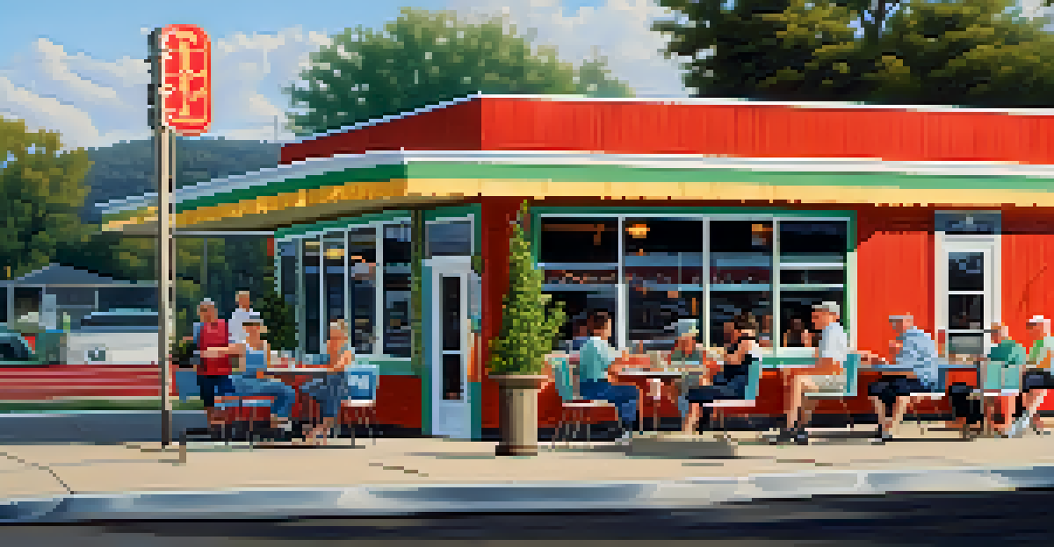 A cozy local diner filled with friendly locals, showcasing a retro design with colorful decor and bright natural light.