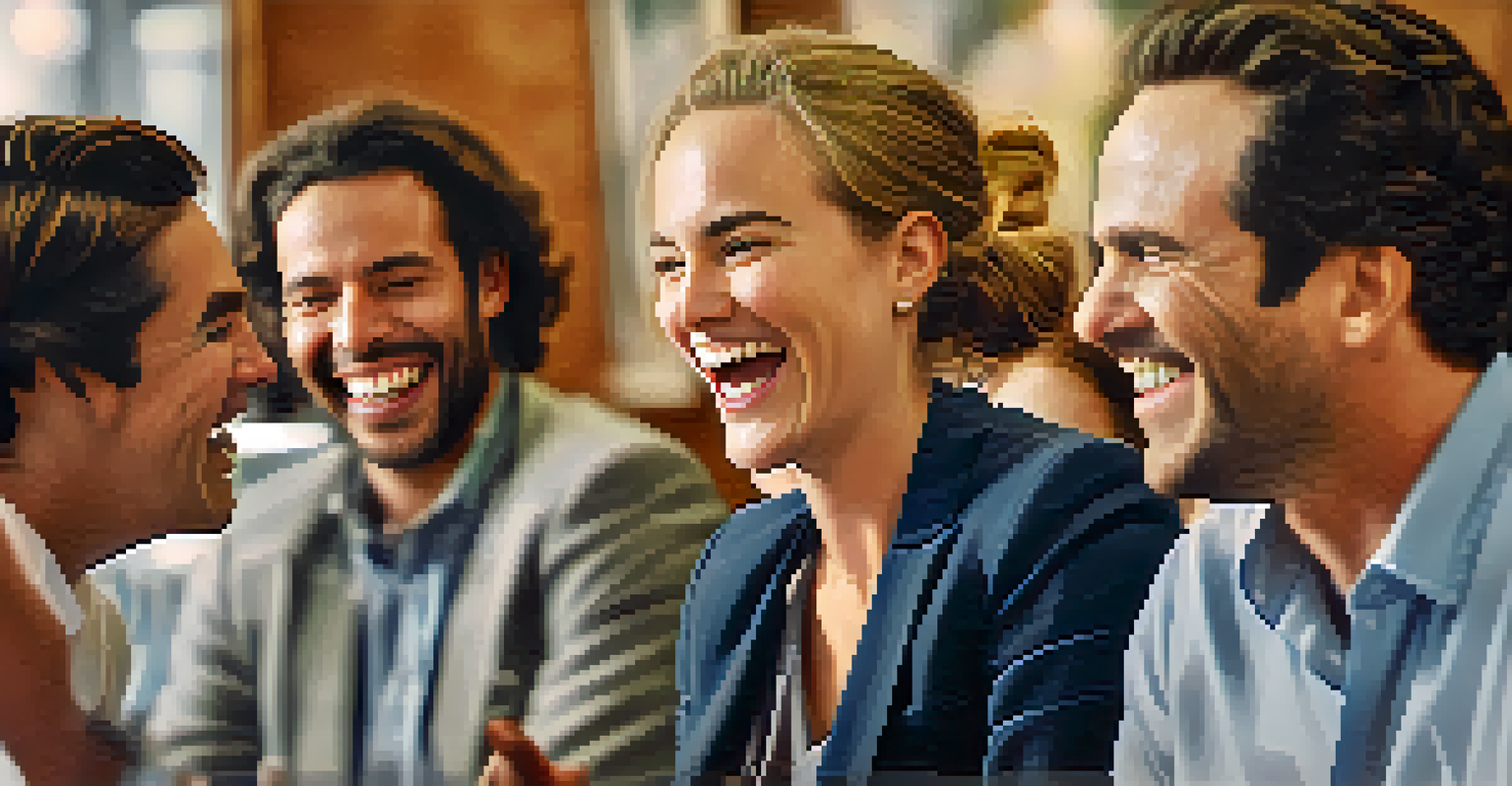 A person sharing a joke during a presentation, with smiling colleagues in the background, creating a light-hearted atmosphere.