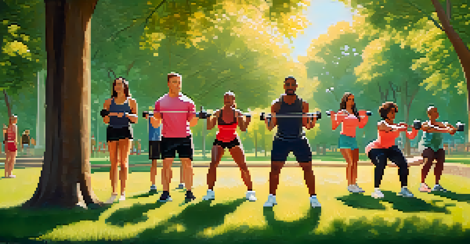 A diverse group exercising with weights and resistance bands in a sunny park.
