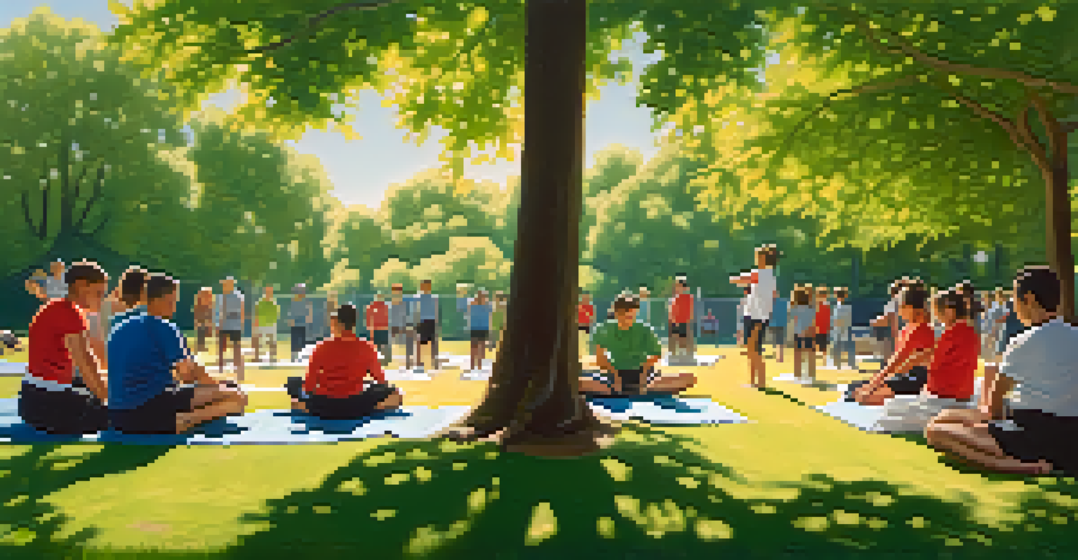 Participants practicing self-defense techniques in a park under a sunny sky.