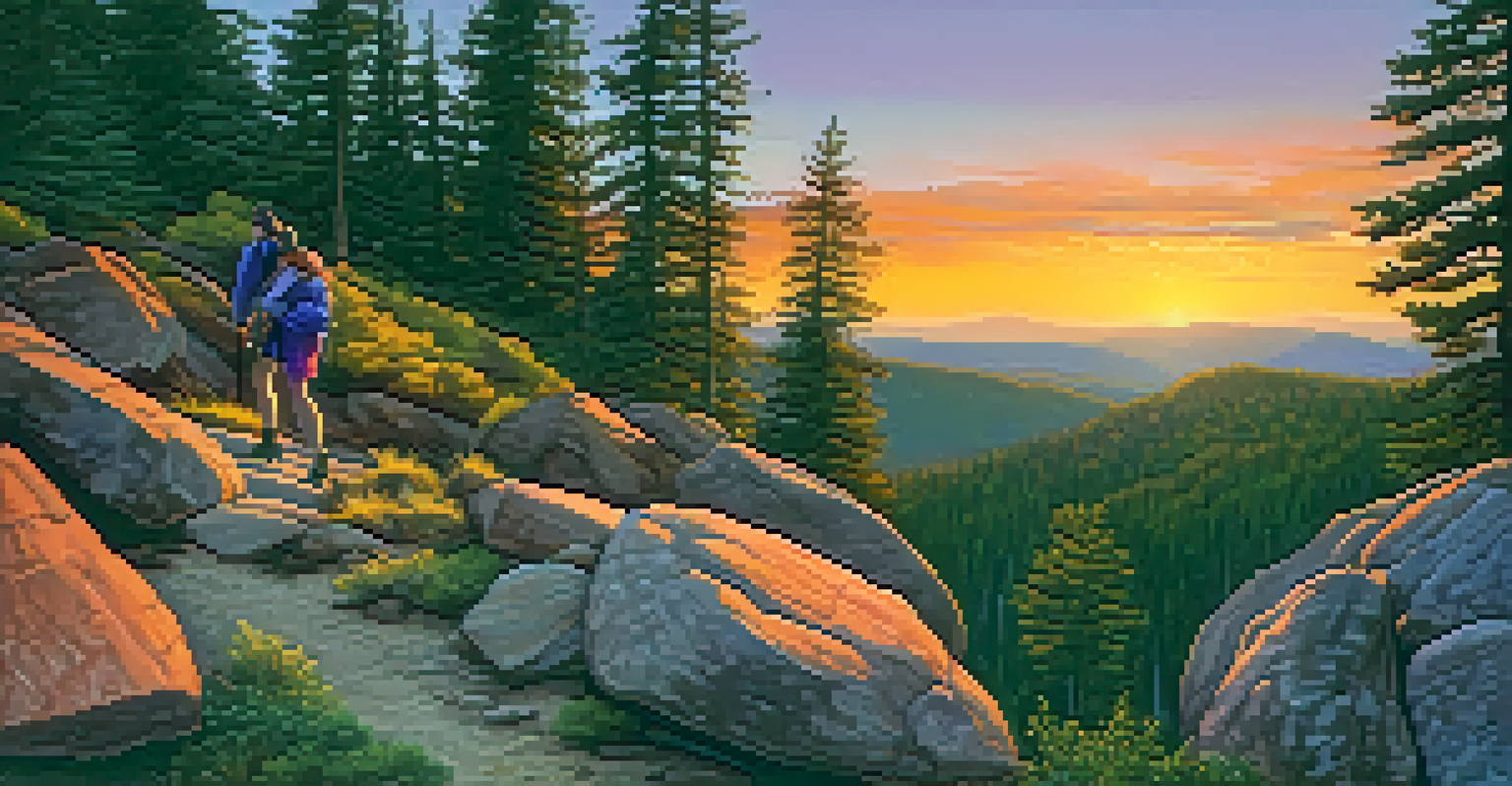A hiker using a tactical flashlight on a rocky trail at dusk, with the sunset casting orange and purple hues in the sky.