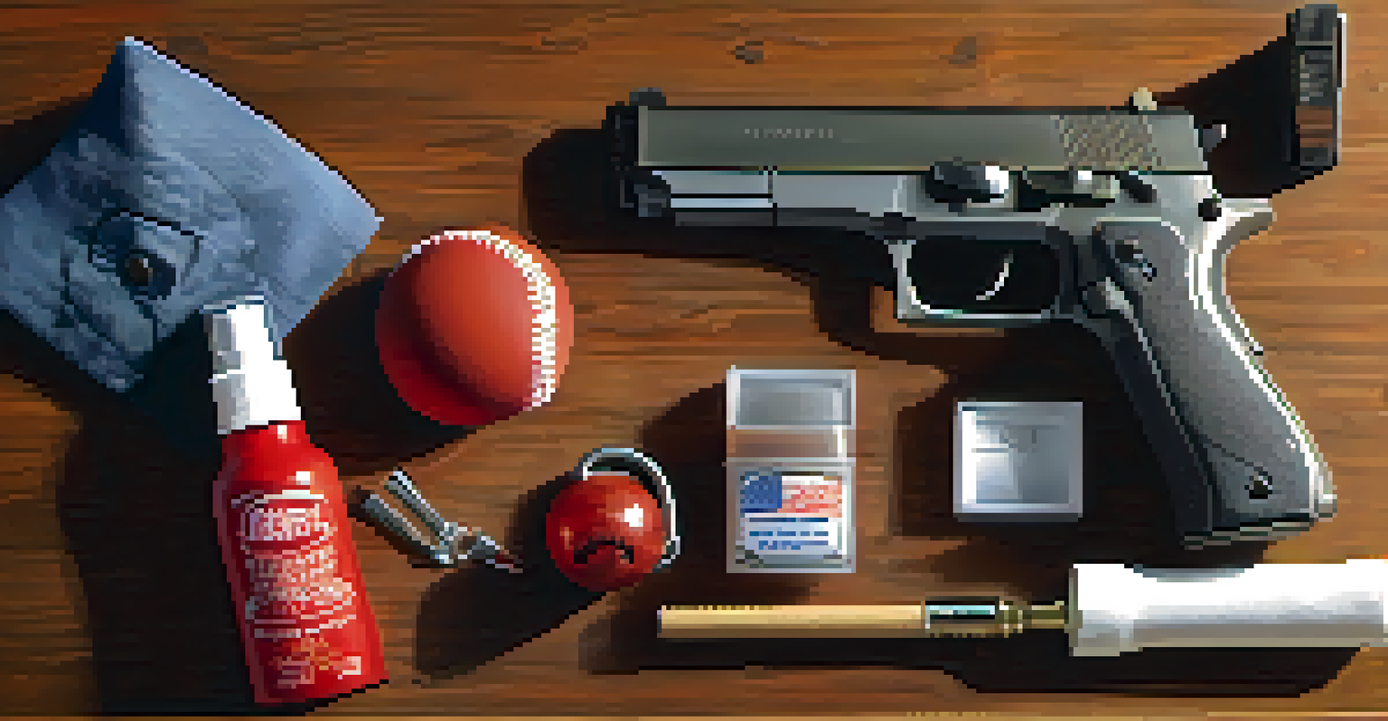 A variety of nontraditional self-defense items on a wooden table.