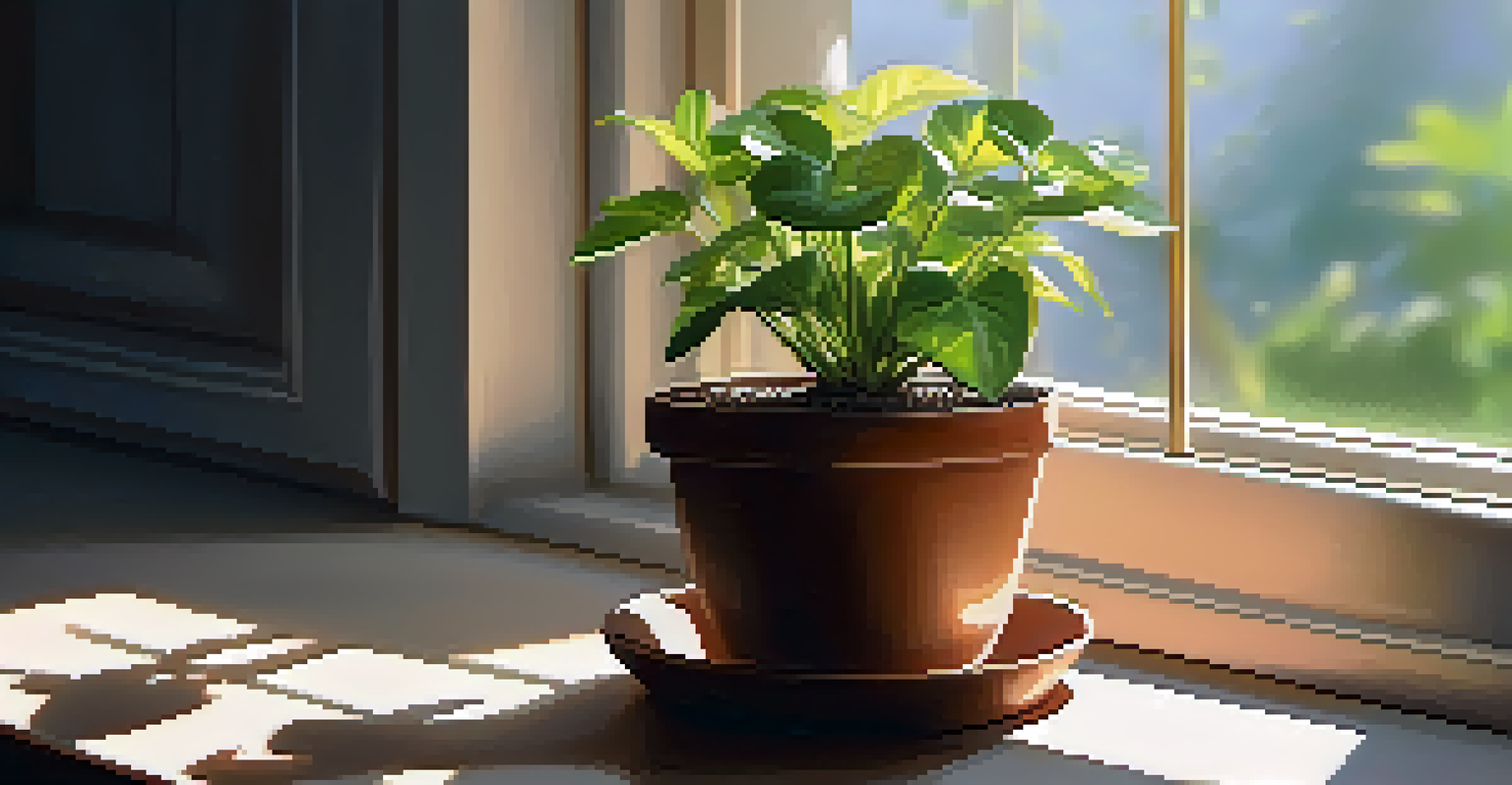 Close-up of hands placing a small potted plant on a windowsill with sunlight streaming in.