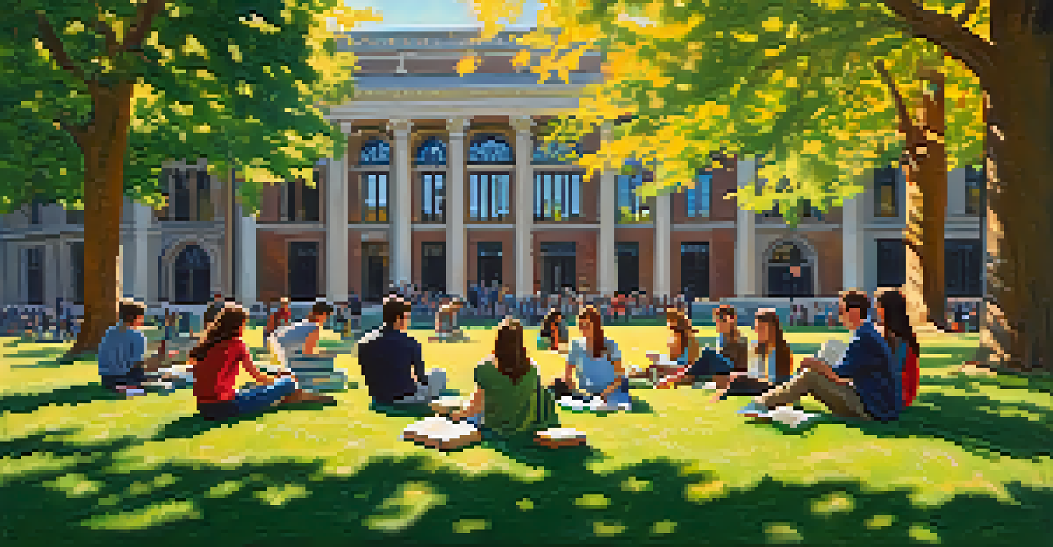 A group of students studying outdoors on a sunny day, sitting on the grass with books and trees in the background.