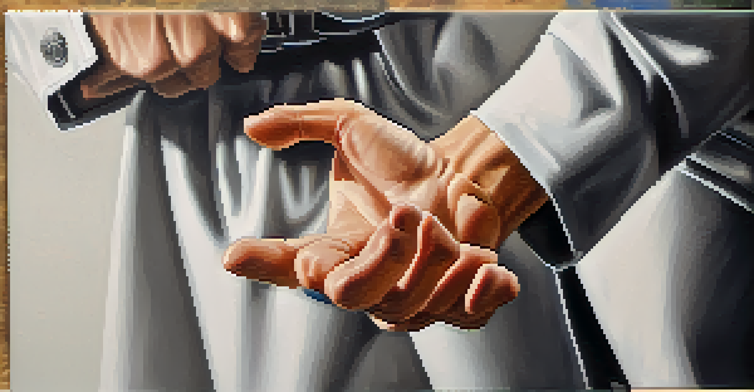 A close-up of a hand demonstrating a self-defense technique, illustrating grip and positioning with a blurred dojo background, symbolizing empowerment.