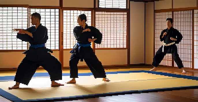 A diverse group of individuals practicing martial arts in a serene dojo with natural light, showcasing different techniques.