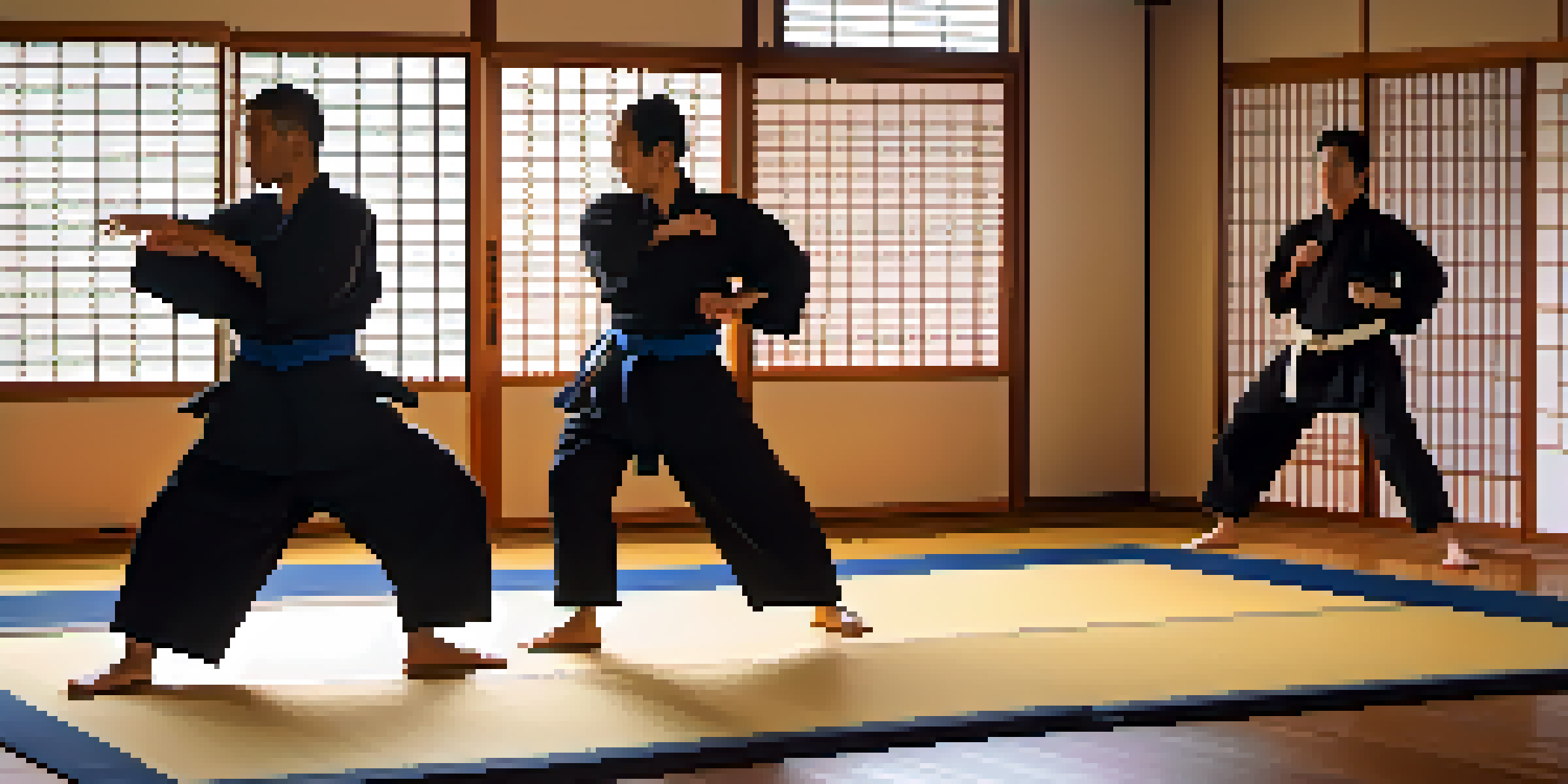 A diverse group of individuals practicing martial arts in a serene dojo with natural light, showcasing different techniques.