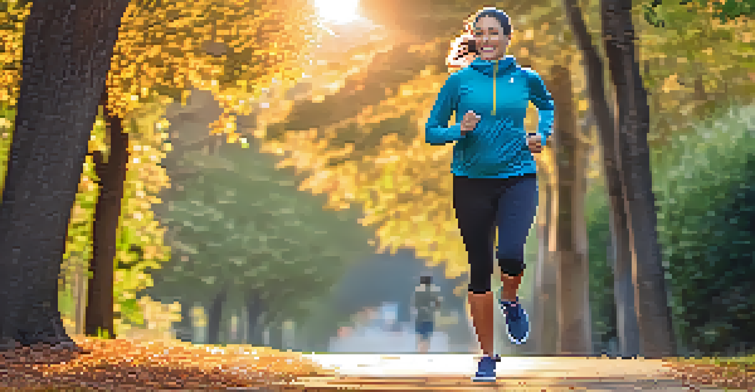 A jogger in a park at sunset, carrying a personal alarm, enjoying a peaceful run.