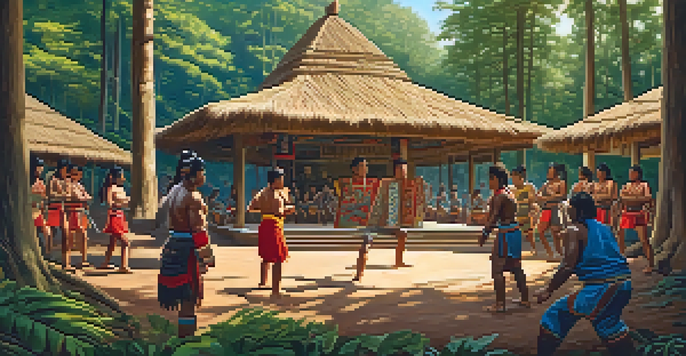 An Indigenous community practicing self-defense techniques in a forest, surrounded by trees and traditional decorations.