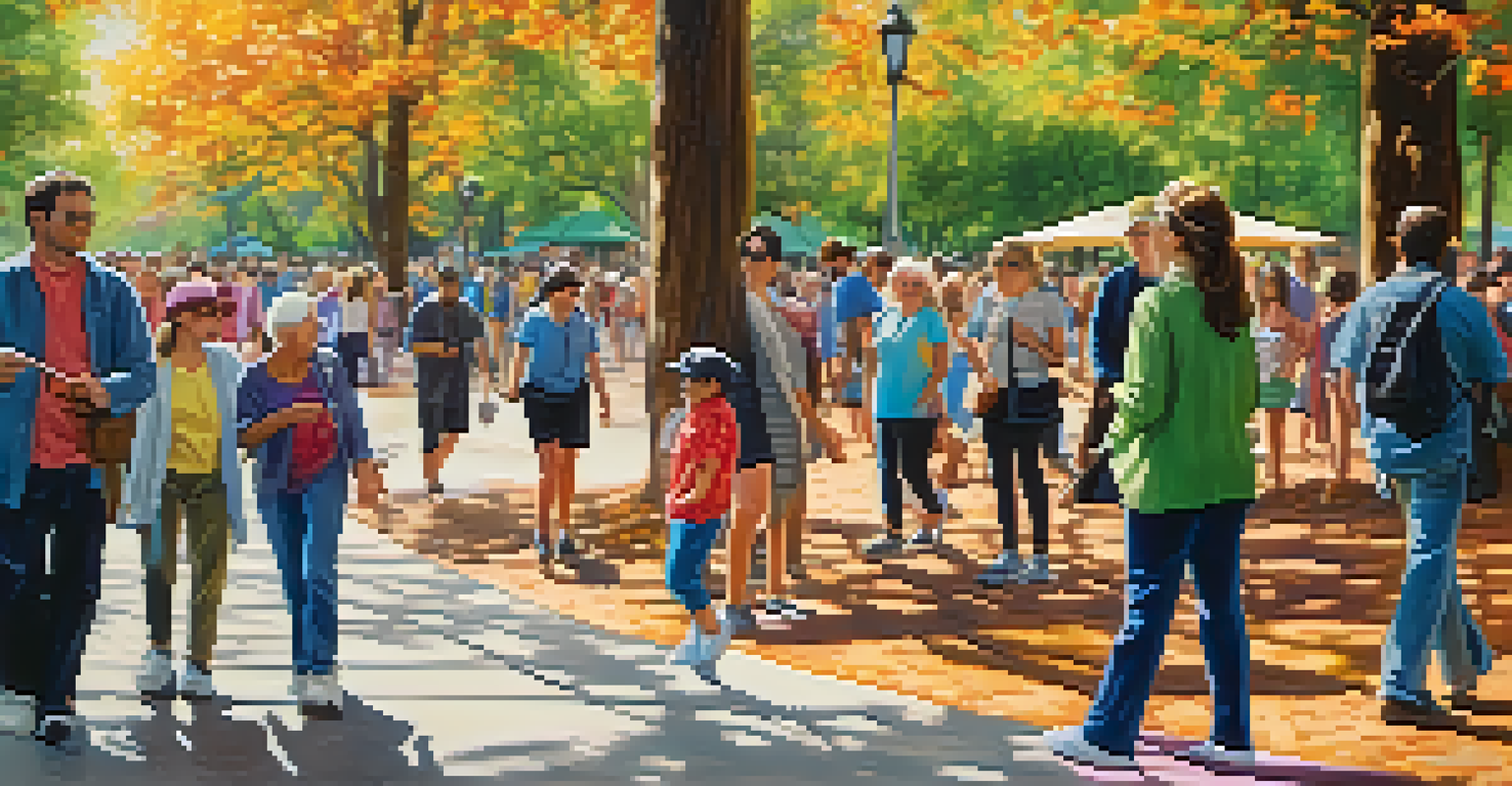 A visually impaired individual using a cane to navigate through a busy park filled with people.