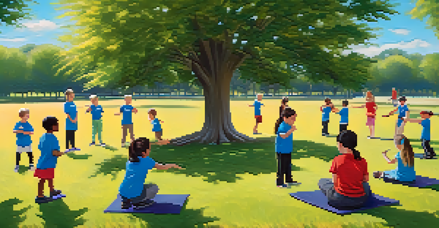 Children participating in an outdoor self-defense class in a park, learning to assess situations and practicing de-escalation techniques.
