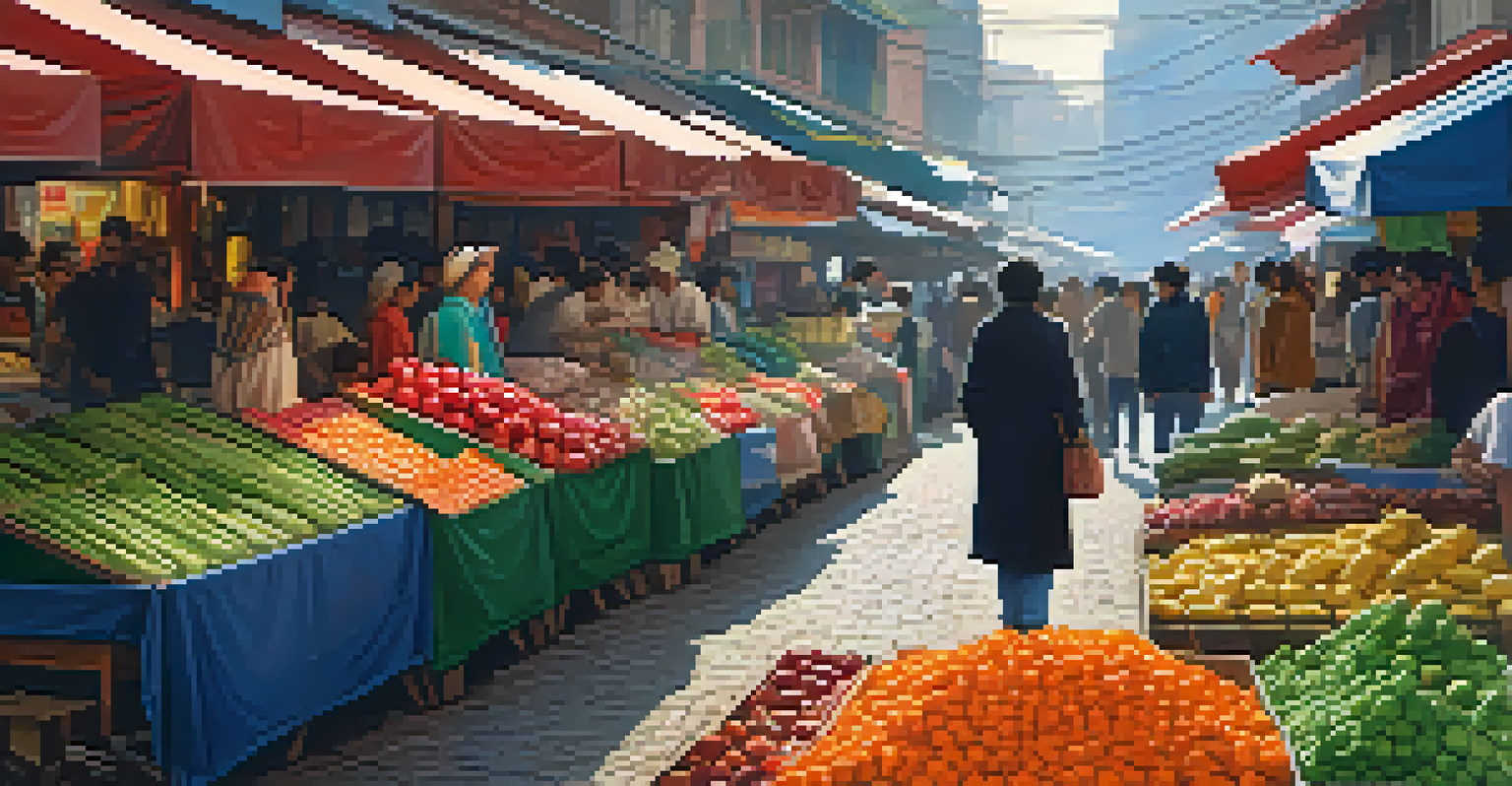A person in a crowded market, scanning the area with a thoughtful expression, surrounded by colorful stalls and shoppers.