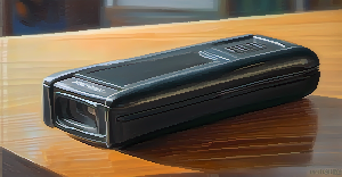 A close-up view of a modern stun gun on a wooden table, with natural light highlighting its features and a blurred urban background.