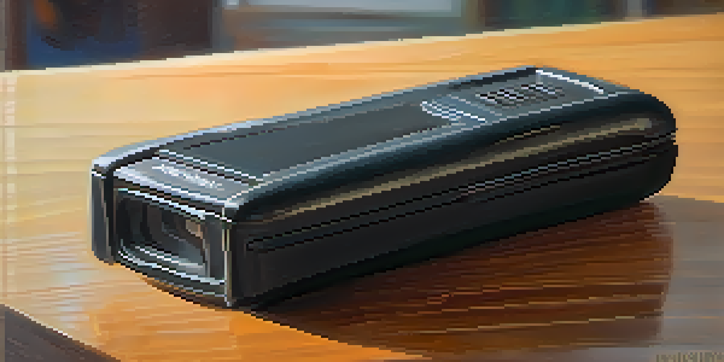A close-up view of a modern stun gun on a wooden table, with natural light highlighting its features and a blurred urban background.