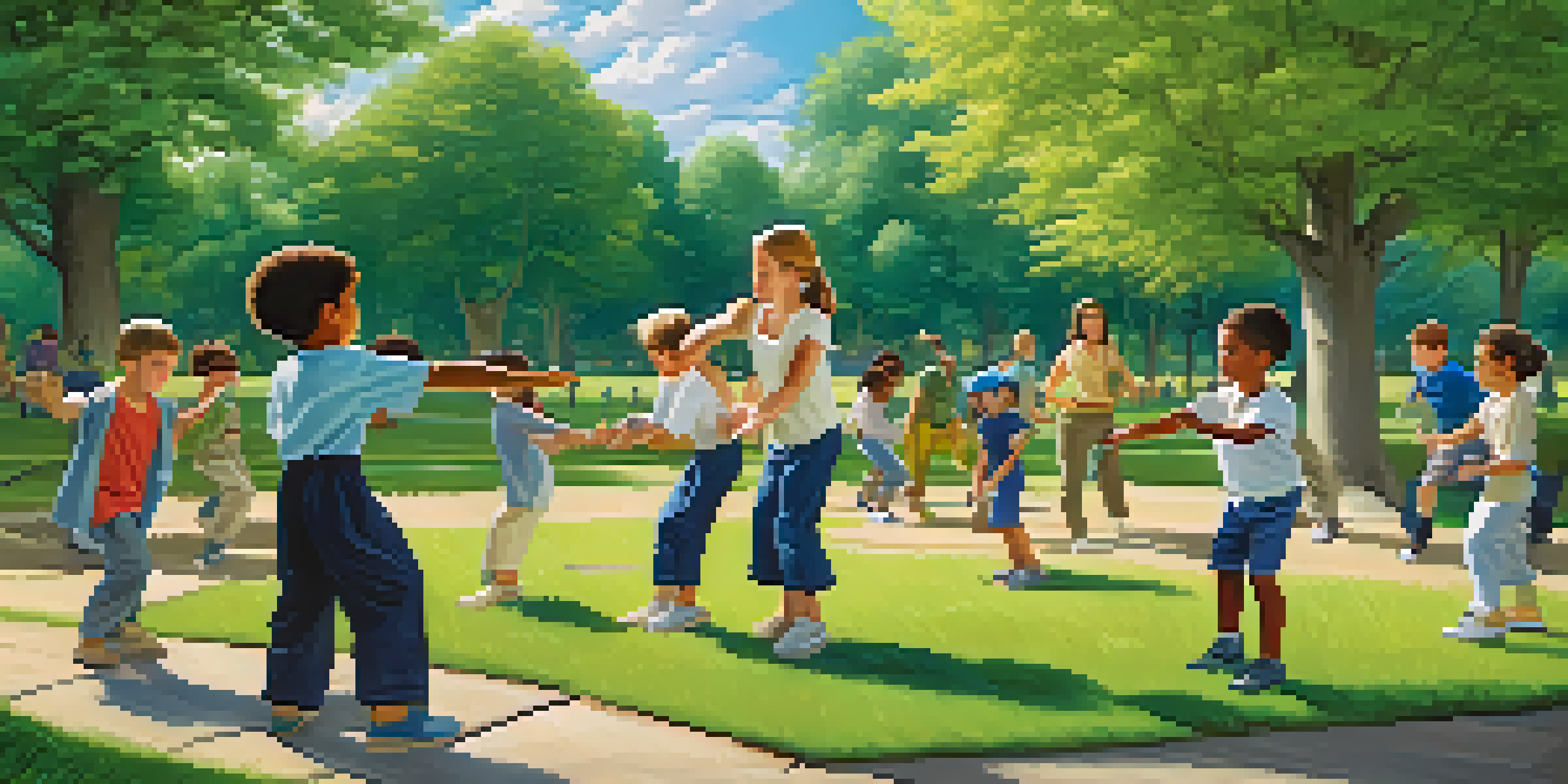 A group of children practicing self-defense techniques in a park, with trees and blue sky in the background.