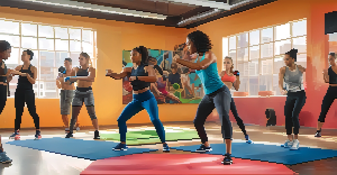 A group of diverse individuals practicing self-defense techniques in a bright gym, led by an instructor, with colorful workout gear and motivational posters.