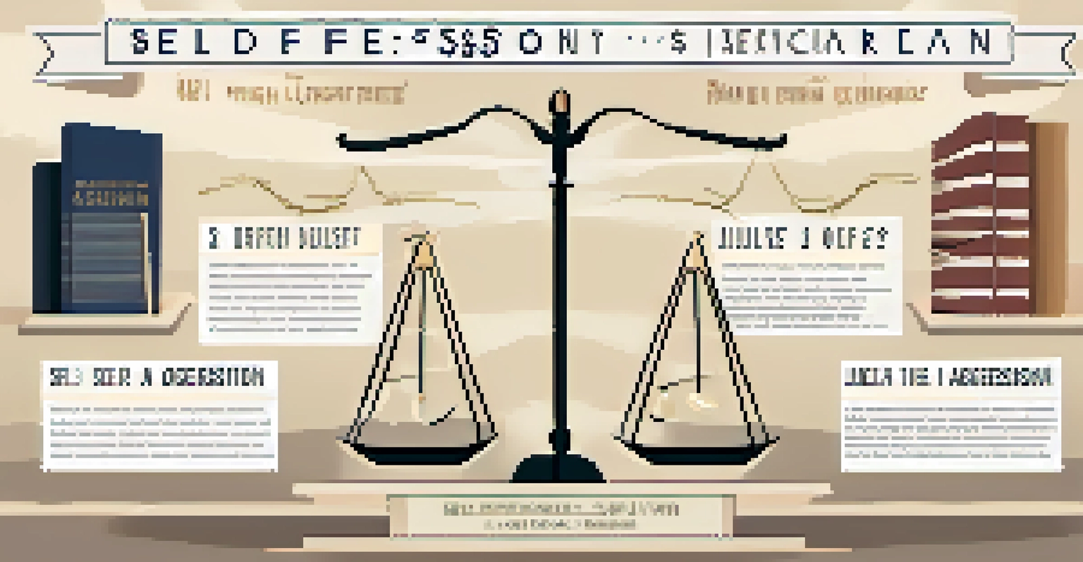 An infographic showing a balanced scale with 'Self Defense' and 'Aggression', set against a background of legal elements.