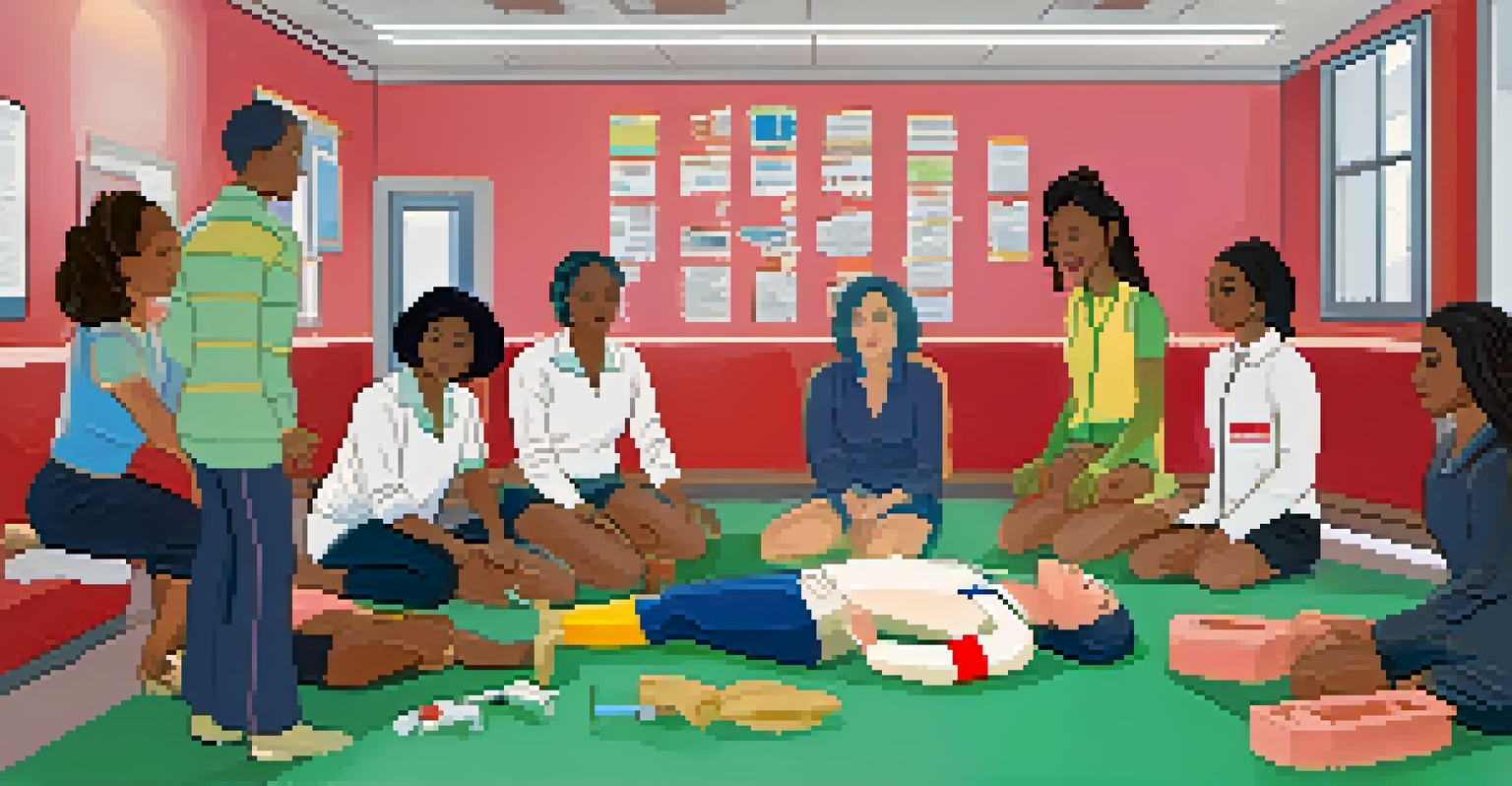 An instructor teaching first aid techniques to women in a community center.