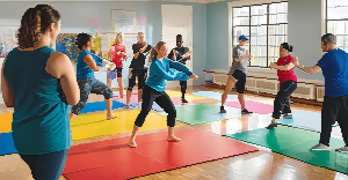 A diverse group of autistic individuals in a self-defense class, learning techniques with a supportive instructor demonstrating a move.