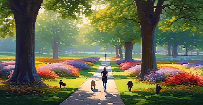 A peaceful park scene with sunlight filtering through trees, people walking dogs, and someone practicing yoga on the grass.