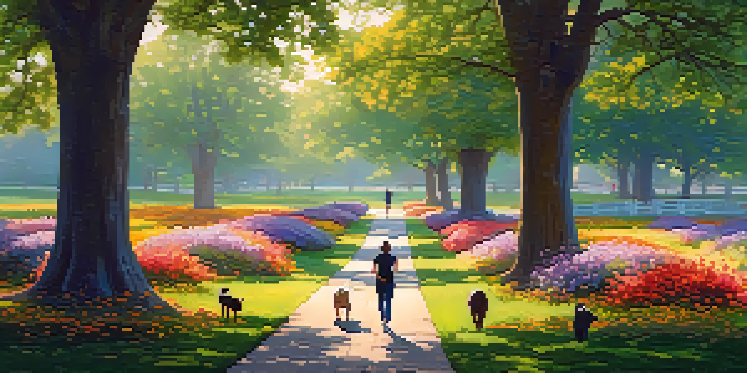 A peaceful park scene with sunlight filtering through trees, people walking dogs, and someone practicing yoga on the grass.