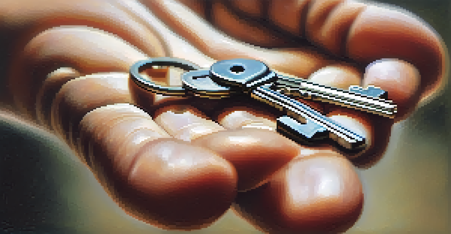 A close-up of a hand holding keys for self-defense, with a blurred background.