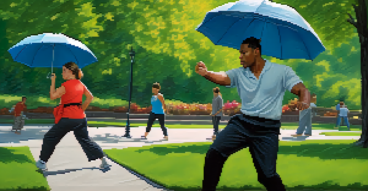 A person practicing self-defense with a personal alarm and umbrella in a park, surrounded by lush greenery.