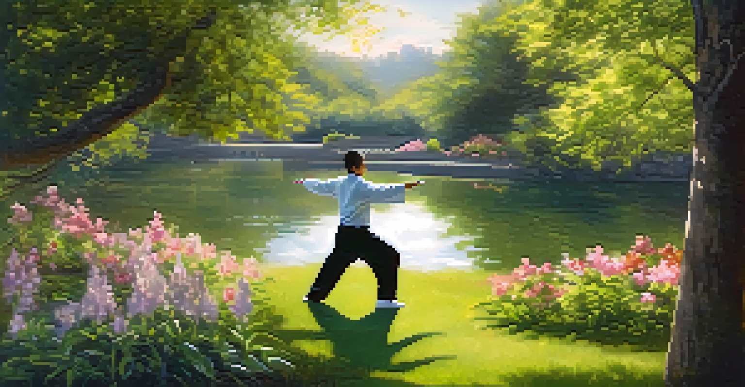 A person practicing tai chi in a serene park, surrounded by greenery and flowers, with morning light illuminating the scene.