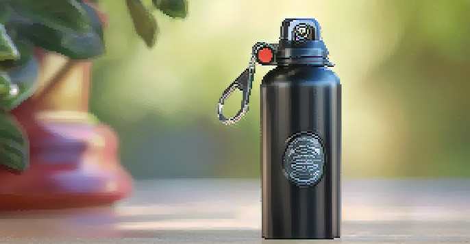 A close-up view of a sleek pepper spray canister with a keychain attachment, set against a blurred background with natural lighting.