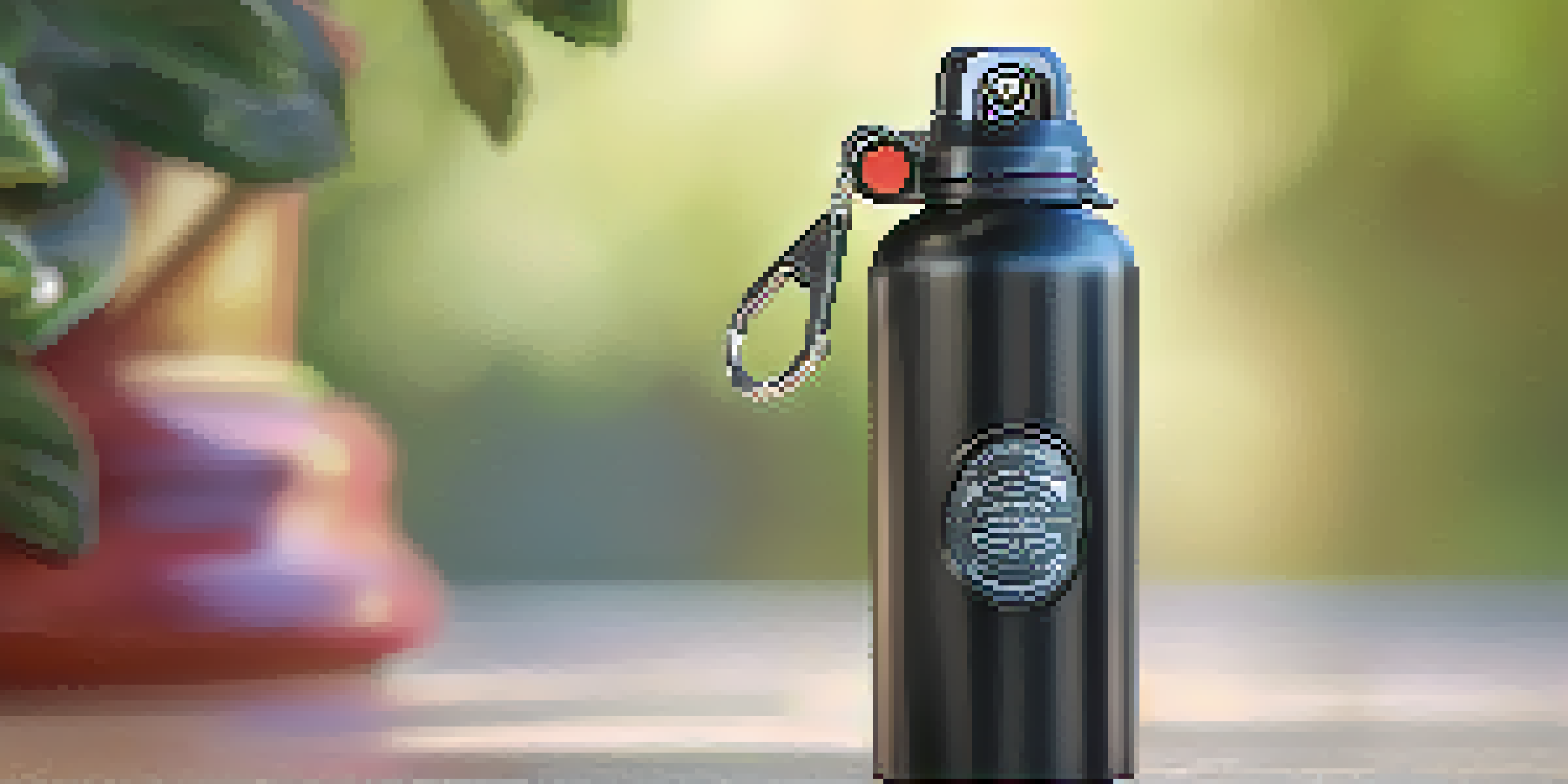 A close-up view of a sleek pepper spray canister with a keychain attachment, set against a blurred background with natural lighting.