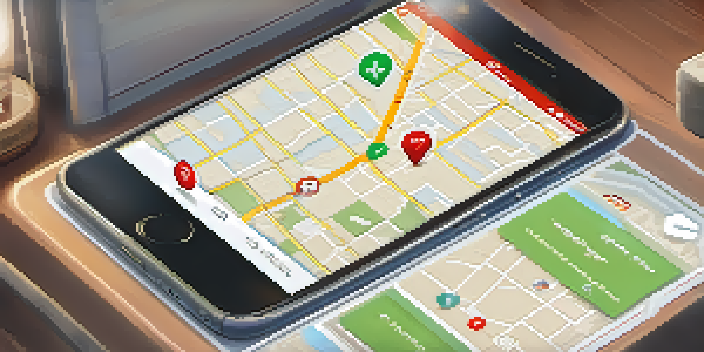 A smartphone displaying a safety app interface with a map and SOS button, set in a cozy room.