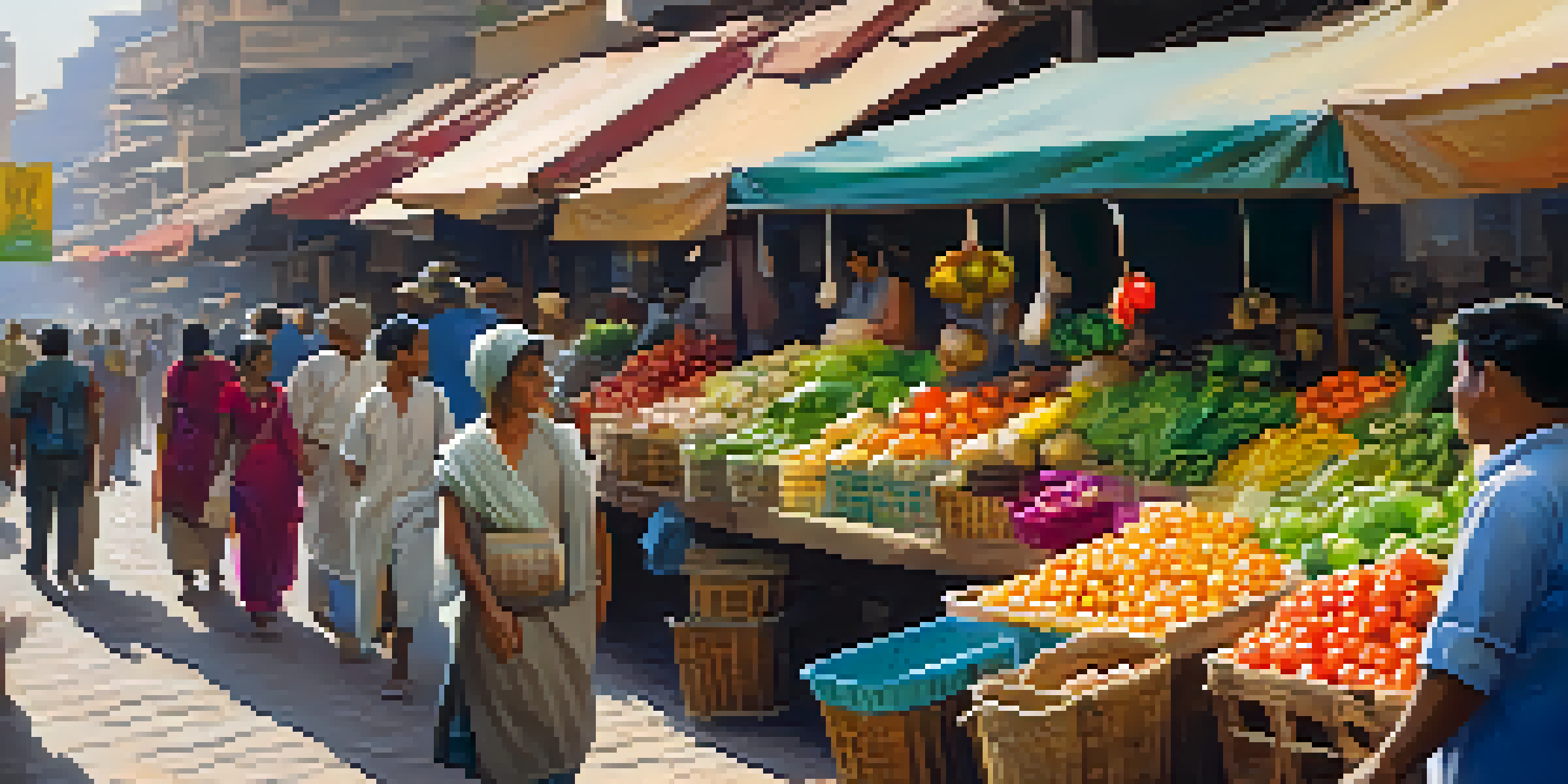 A traveler navigating a vibrant market, observing surroundings, and interacting with local vendors.