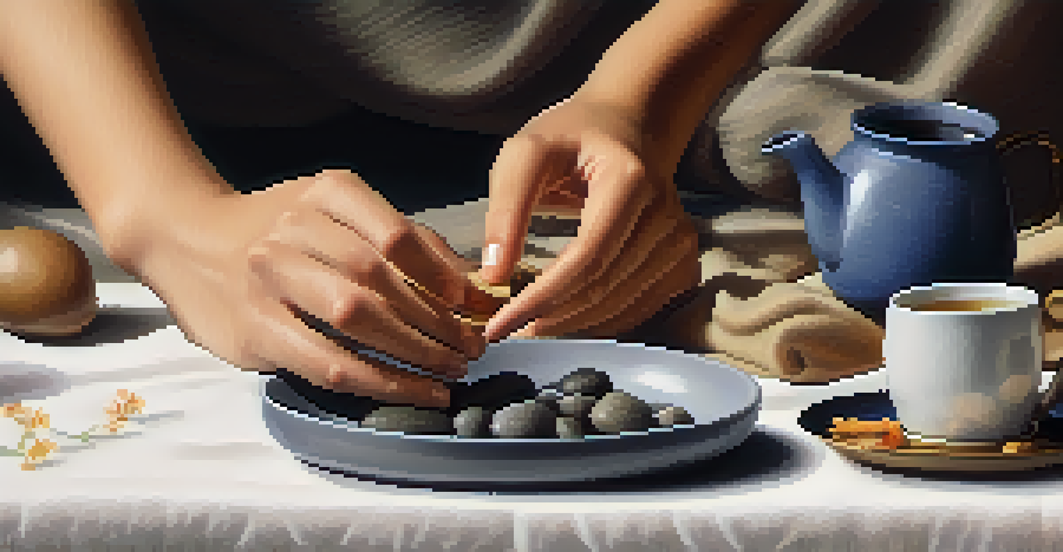 Close-up of hands interacting with objects for a mindfulness grounding exercise.