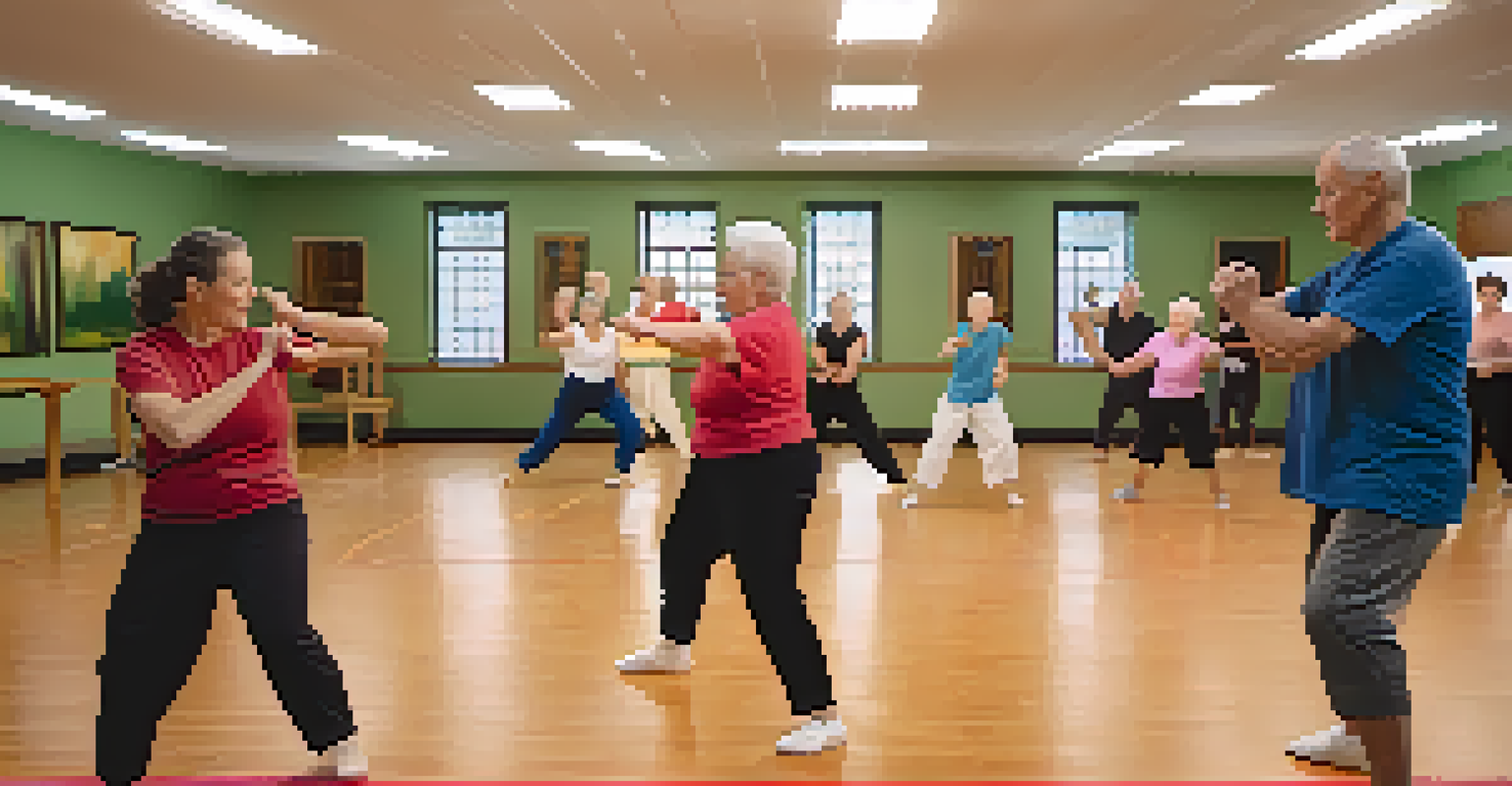 A senior woman confidently demonstrating a self-defense move in an indoor class, with other seniors observing.