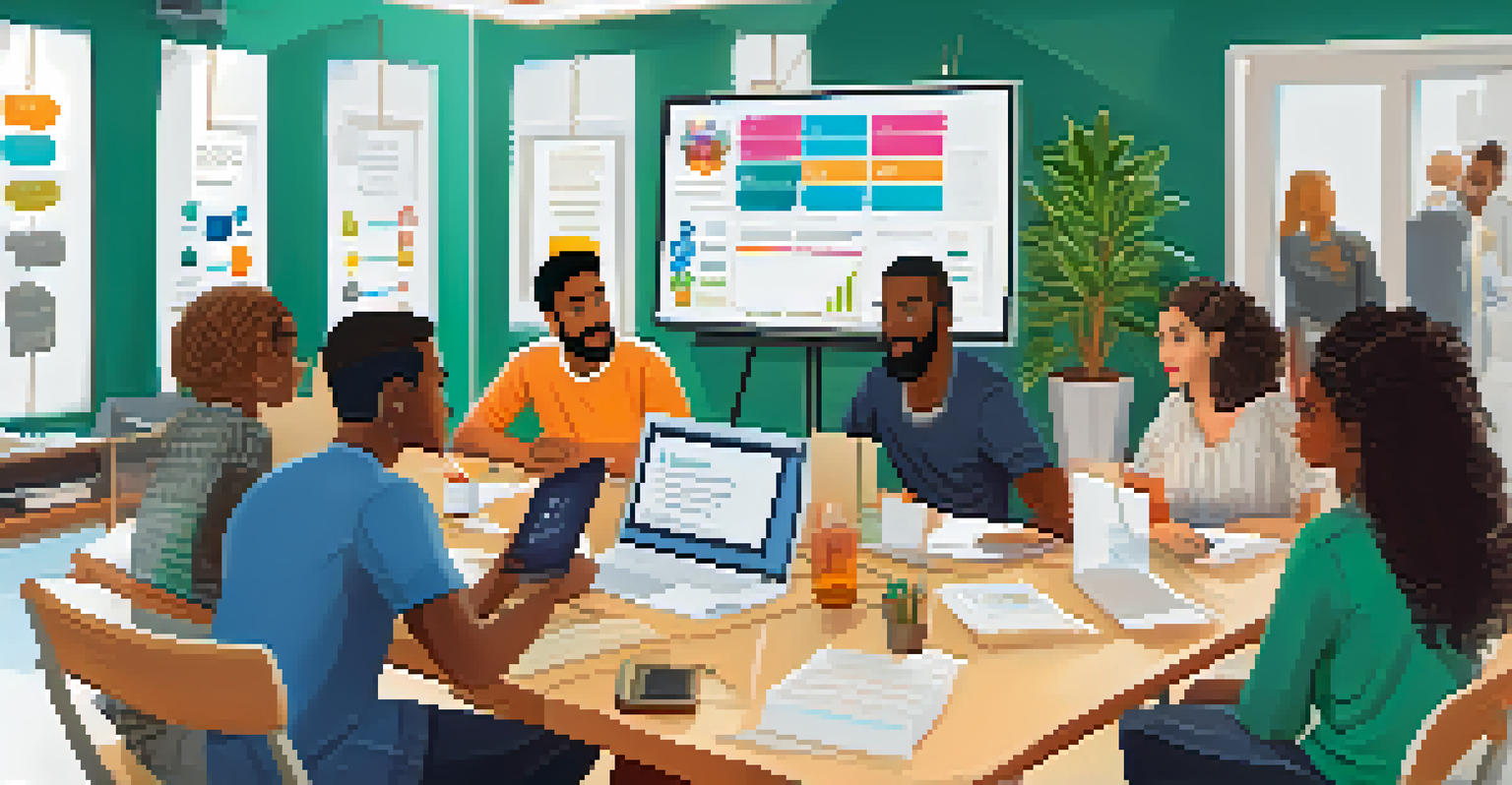 A group of people discussing online safety in a bright meeting room with a whiteboard.