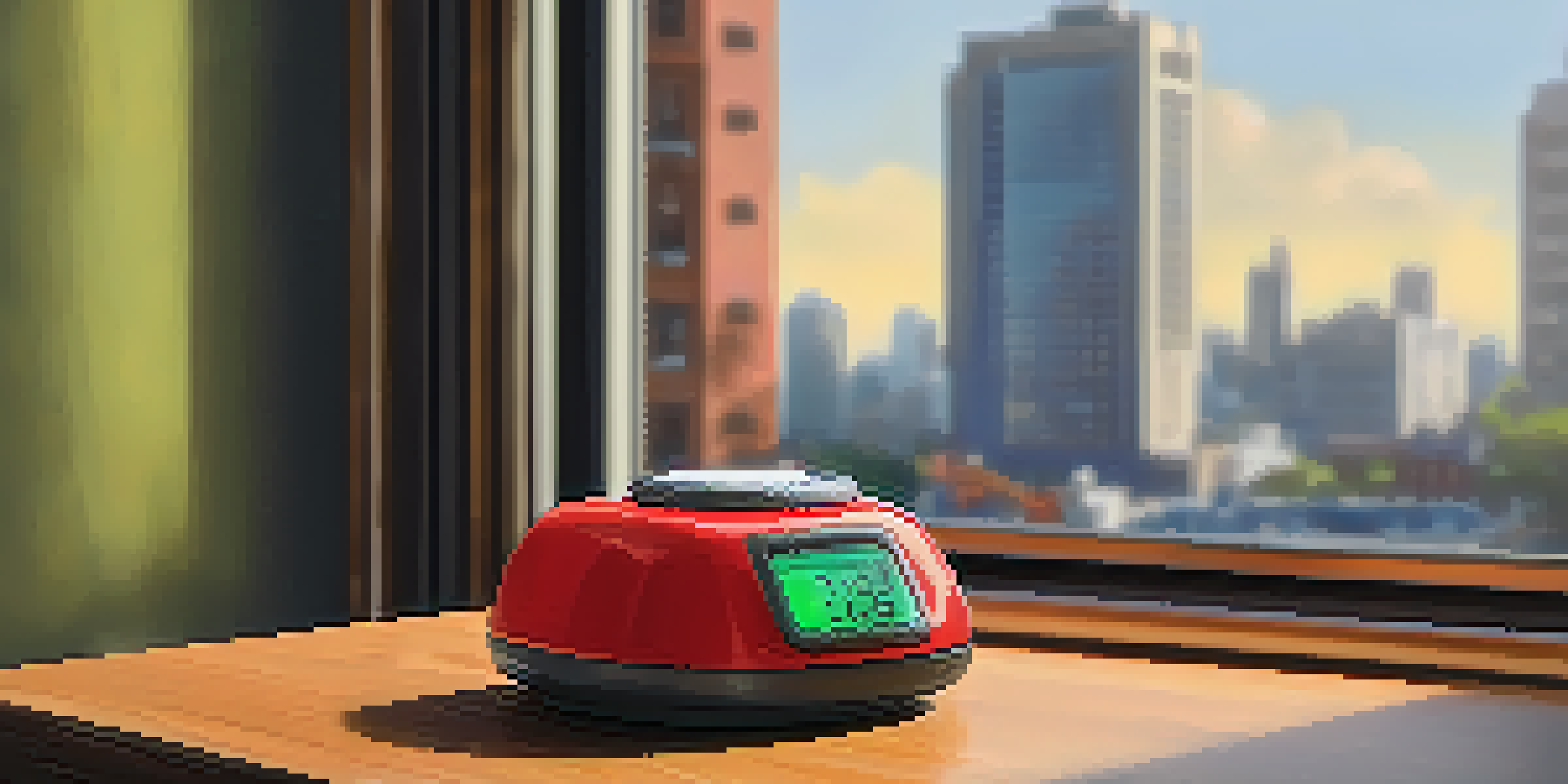 A compact personal safety alarm in bright color on a wooden table with a blurred cityscape in the background.