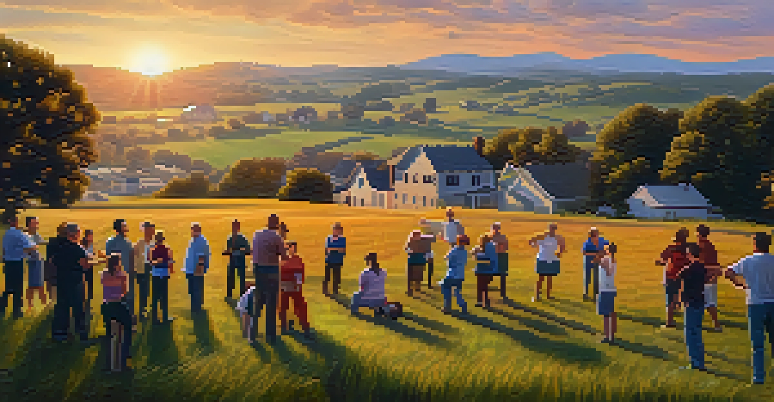 A rural scene with rolling hills, neighbors practicing self-defense techniques during a workshop at sunset.