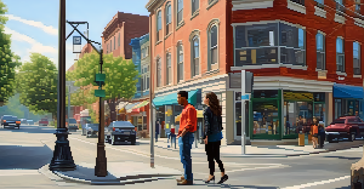 A couple discussing safety while walking in a vibrant city neighborhood.
