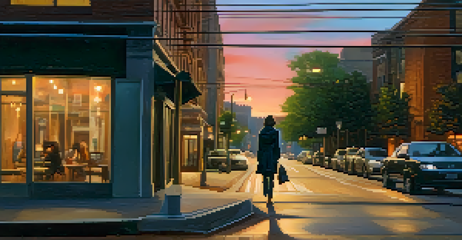 A person walking confidently on a well-lit urban street at dusk, with self-defense tools subtly visible.