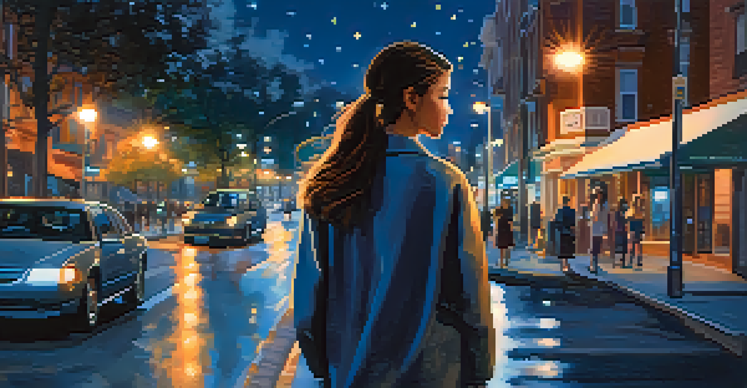 A peaceful city street at night, with people walking and street lamps glowing, a young woman using her smartphone.
