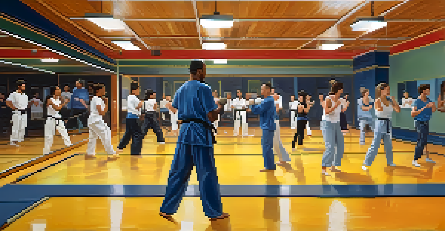 A self-defense class with diverse individuals practicing defensive moves and communicating, set in a bright gym.