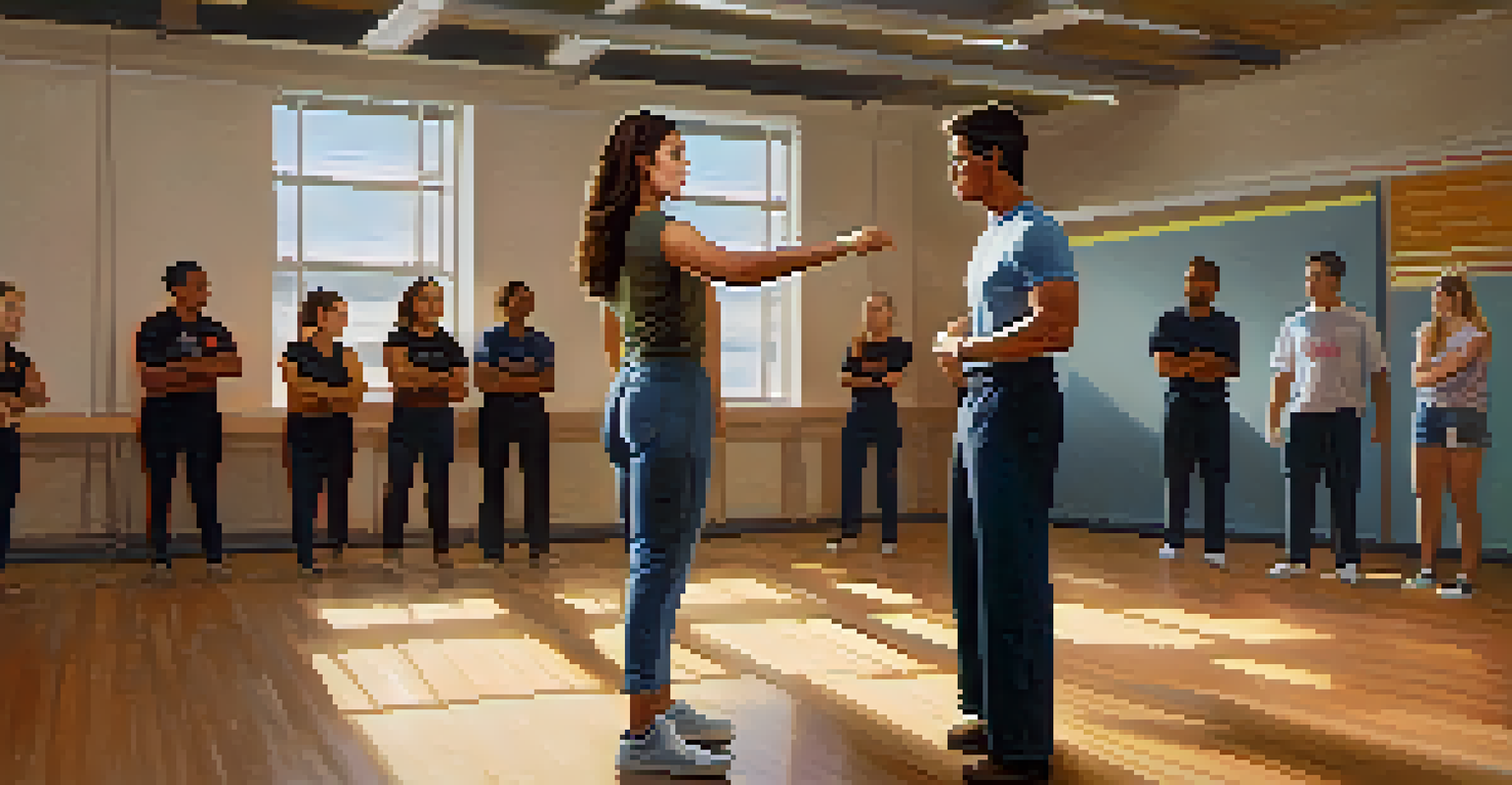 A woman confidently asserting herself in a self-defense training scenario, with classmates observing.