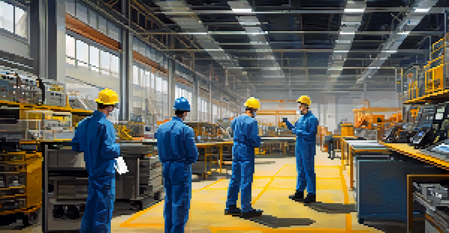Two employees in safety gear conducting a safety audit in an industrial workspace, inspecting machinery and discussing protocols.