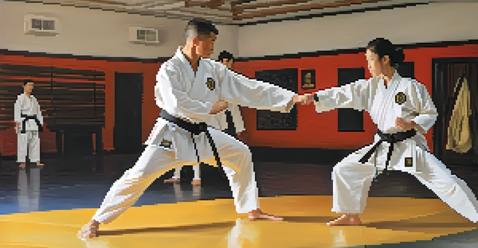 A martial arts practitioner demonstrating a self-defense move in a well-lit dojo.