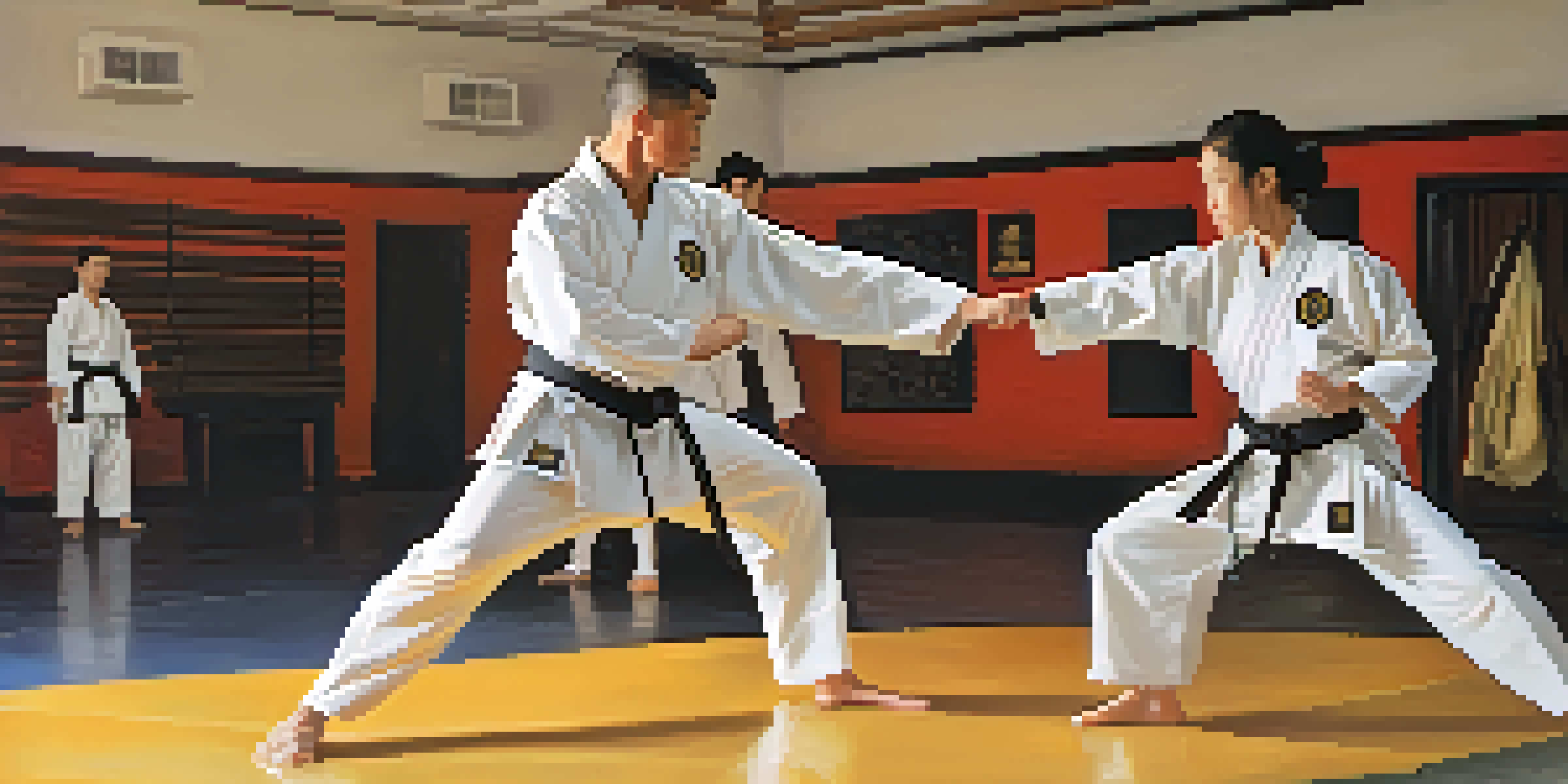 A martial arts practitioner demonstrating a self-defense move in a well-lit dojo.