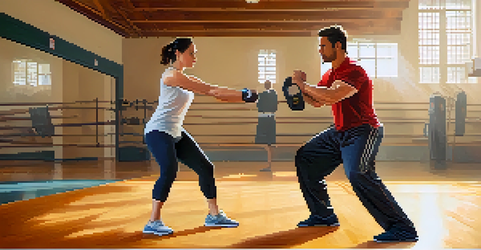 A couple in a gym practicing self-defense techniques, with the man demonstrating a palm strike and the woman observing.