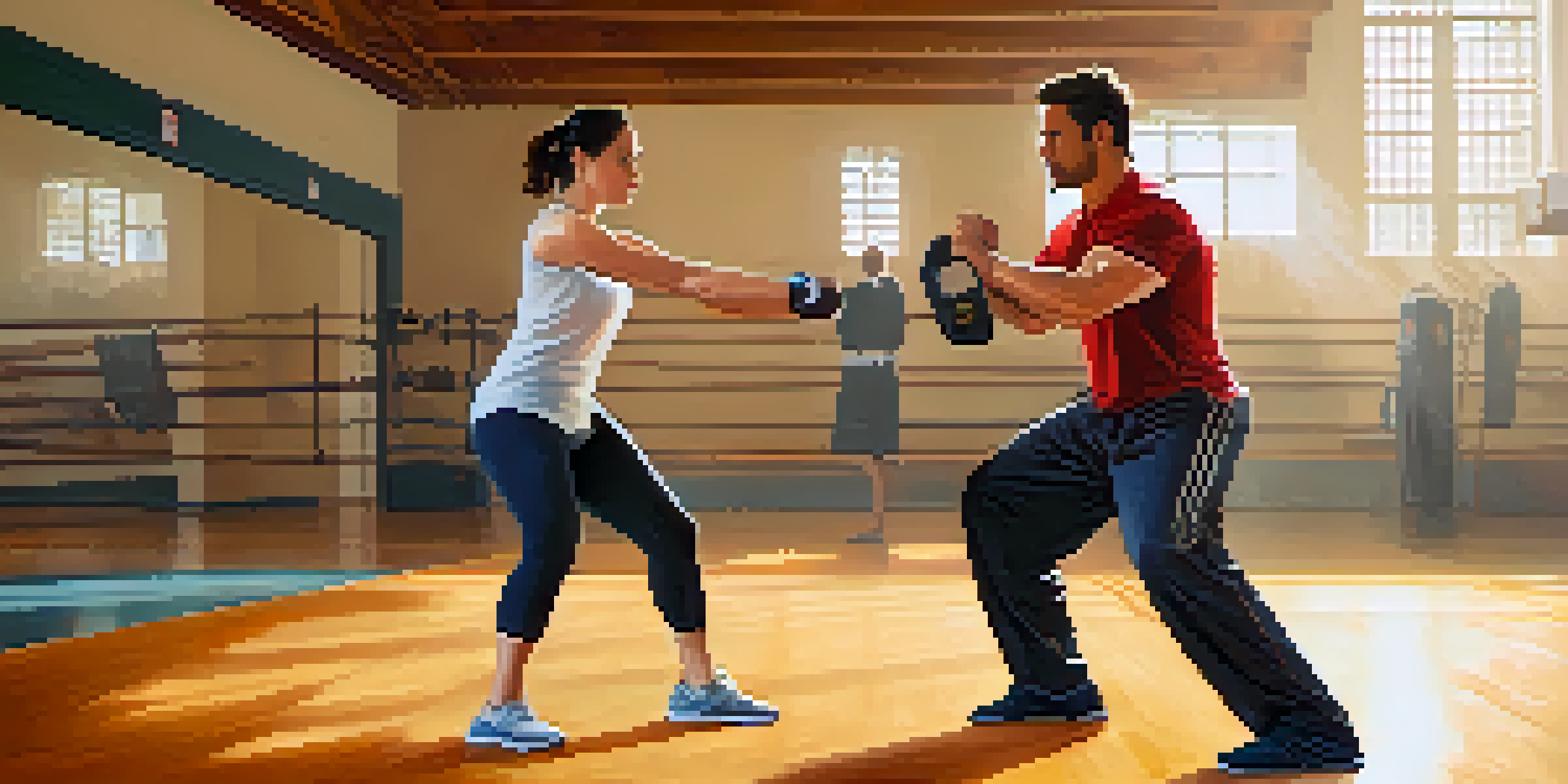 A couple in a gym practicing self-defense techniques, with the man demonstrating a palm strike and the woman observing.