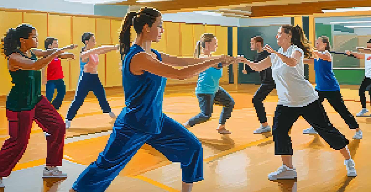 A self-defense community class in a gym with diverse participants practicing techniques under the guidance of an instructor.