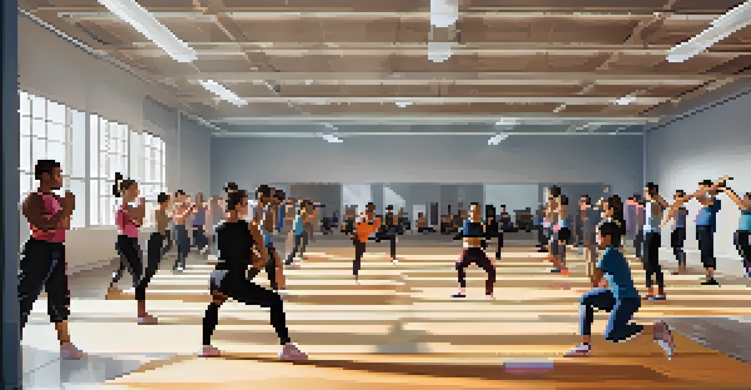 A self-defense training class in a gym where participants are practicing techniques with an instructor, surrounded by mirrors and motivational posters.
