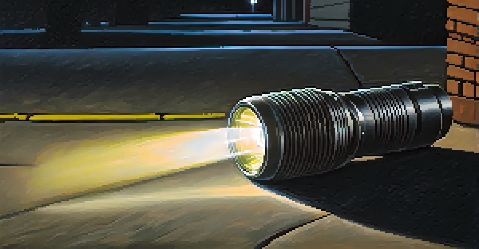 A tactical flashlight casting a bright beam of light on a dark street corner, showcasing its sturdy design.